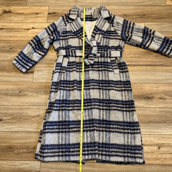 En Saison Demi Plaid Belted Coat SZ Medium Navy Gray Multi Long Fuzzy - Picture 6 of 14